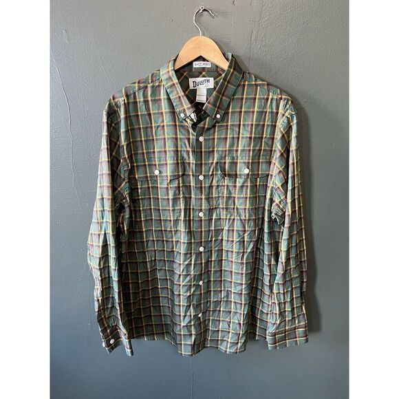 Duluth Mens Green Plaid Long Sleeve Button Up Shirt Size Large Relaxed Fit - Picture 1 of 3